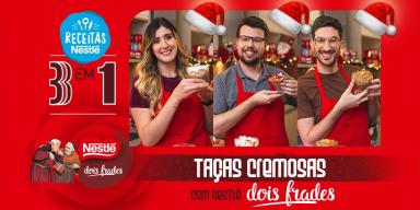 Montagem com três fotos de pessoas segurando taças em um ambiente decorado de Natal e os dizeres do programa à esquerda