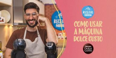 Imagem de um home mostrando as máquinas Dolce Gusto e ao lado direito os dizeres do título e as logomarcas.