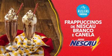 Imagem dividida com a foto da receita servida em copos às esquerda e à direita o nome da receita com os logos