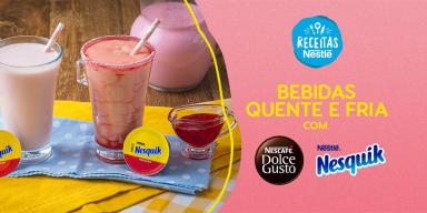 Montagem com a imagem das bebidas rosas à esquerda e os dizeres do programa e título das receitas à direita