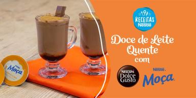 Montagem com a imagem da receita à esquerda e ao lado o título da receita, com fundo chapado em laranja e logo de Dolce Gusto