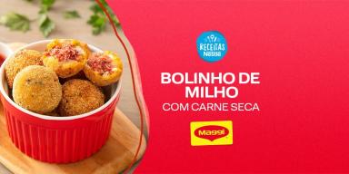 Montagem com os bolinhos à esquerda e título da receita, com fundo chapado em amarelo e logo de MAGGI e Receitas Nestlé
