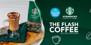 Montagem com a imagem da receita à esquerda e ao lado o título, com fundo verde e logo de Starbucks e Receitas Nestlé.