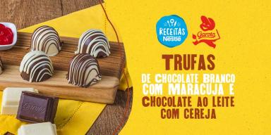 Montagem com a imagem das trufas à esquerda e ao lado o título da receita, com fundo chapado em amarelo e logos das marcas
