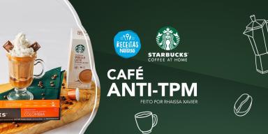 Montagem com a imagem da receita à esquerda e ao lado o título, com fundo verde e logo de Starbucks e Receitas Nestlé.