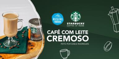 Montagem com a imagem da receita à esquerda e ao lado o título, com fundo verde e logo de Starbucks e Receitas Nestlé.