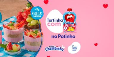 Montagem com a imagem da receita à esquerda e ao lado o título, com fundo em rosa e logo de Chambinho e Receitas Nestlé.