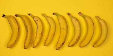Bananas enfileiradas em cima de um pano amarelo 