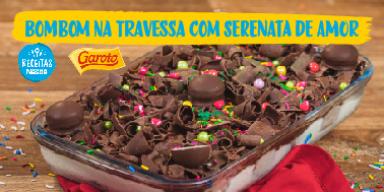 Montagem com um fundo marrom, a foto da receita de bombom na travessa no centro, o nome do programa e os logos das marcas