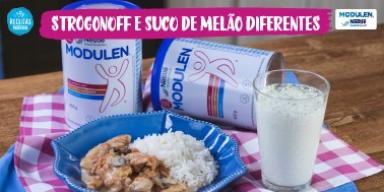 Fotografia de strogonoff com suco e o logo de Receitas Nestlé e Modulen.