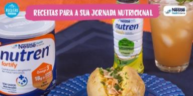 Fotografia da batata e suco e logo de Receitas Nestlé e NHS.