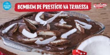 Montagem com um fundo marrom claro, a foto da receita ampliada ao centro, o nome do programa e os logos das marcas