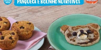 Fotografia da panqueca e bolinho e logo de Receitas Nestlé e Mucilon.