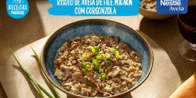 Fotografia da risoto e logo de Receitas Nestlé e Aveia