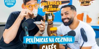 Imagem dos apresentadores lado a lado com o texto abaixo escrito "polêmicas na cozinha" e o título do episódio em seguida