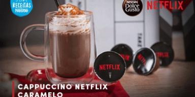 Fotografia de um café e logo de Receitas Nestlé e Dolce Gusto.