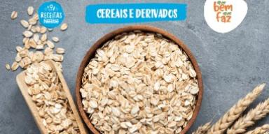 Fotografia com alguns cereais e o logo de Receitas Nestlé e Que Bem Que Faz.
