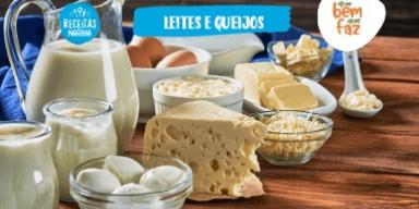 Fotografia com leite e queijo e o logo de Receitas Nestlé e Que Bem Que Faz.