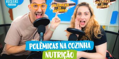  Imagem dos apresentadores lado a lado com o texto abaixo escrito "polêmicas na cozinha" e o título do episódio em seguida