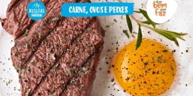 Fotografia com carne e ovos e o logo de Receitas Nestlé e Que Bem Que Faz.