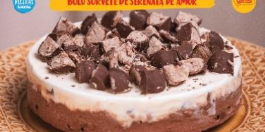 Fotografia de um bolo sorvete com camadas de chocolate na base e sorvete de creme no topo, decorado com pedaços de bombons co