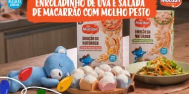 Fotografia de uma salada de macarrão e doce de uva e logo de Receitas Nestlé e Mucilon.