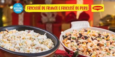 Salpicão de Frango e Salpicão de Peru Imagem das receitas de Salpicão de Frango e Salpicão de Peru lado a lado com o título acima e os logos de cada lado
