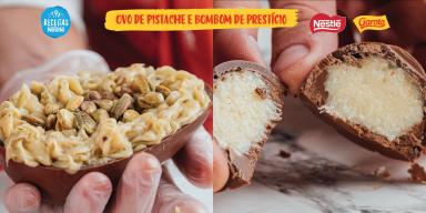 Imagem dividida com o ovo de colher à esquerda e os bombons à direita com o título acima