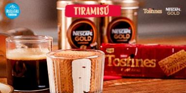 Fotografia de tiramisú e ao lado o nome da receita e logos de marca.