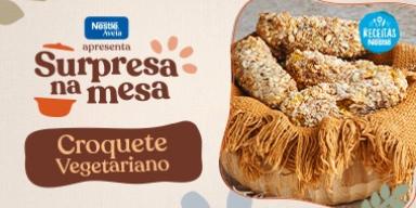 Croquete Vegetariano de Abóbora com Nestlé Farinha de Aveia Imagem em tons claros com o título do programa Croquete Vegetariano com foto da receita e elementos de cozinha