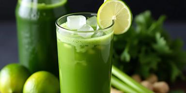 Copo de suco verde detox com gelo e rodela de limão, cercado por limões, gengibre e folhas verdes sobre tábua de madeira.