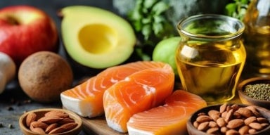 Dieta Cetogênica Salmão cru, azeite, abacate, maçã, nozes, amêndoas e brócolis sobre mesa rústica com fundo escuro.