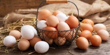 Benefícios do Ovo Cesto de arame com ovos brancos e marrons em superfície de madeira com palha e pano de juta ao fundo.