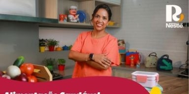 Alimentação Saudável para Crianças Fotografia da nutricionista e logos de marca.