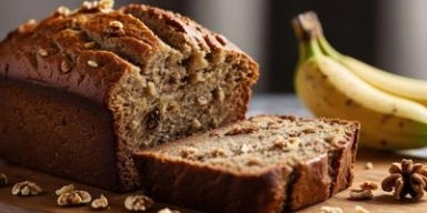 Bolo de banana com nozes fatiado em tábua de madeira, decorado com pedaços de noz e bananas ao fundo.