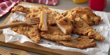 Filés de frango empanados e fritos, servidos em tábua de madeira com garfos de madeira e tempero verde por cima.