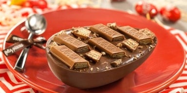 Ovo de Páscoa de chocolate ao leite decorado com pedaços de KitKat, servido em prato vermelho.
