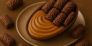 Meio ovo de Páscoa recheado com doce de leite e decorado com chocolates crocantes Chokito sobre prato marrom.