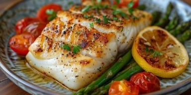 Prato rústico com posta de peixe grelhada acompanhada de aspargos, tomatinhos e rodela de limão.