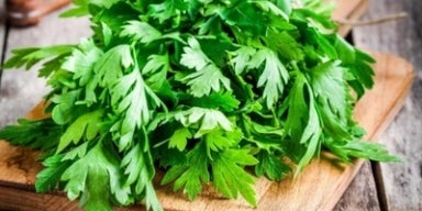 Benefícios da salsa: descubra as propriedades da salsa Folhas de salsa sobre tábua de madeira.