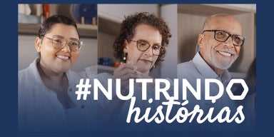 Imagem com fundo azul e o texto “#NUTRINDO histórias” e a frase “Valor da nutrição no tratamento oncológico”.