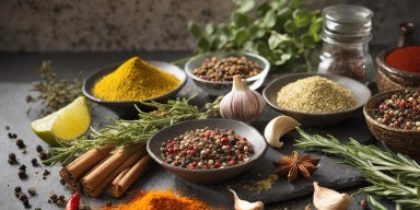 Seleção de temperos naturais com pimenta, cúrcuma, canela, alho e alecrim em composição culinária.