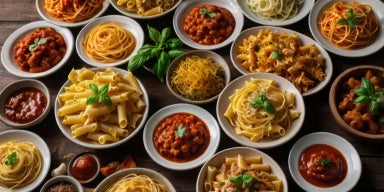 Seleção de massas italianas, como espaguete, penne, fettuccine e fusilli, acompanhadas de molhos e folhas de manjericão sobre