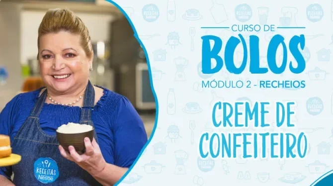 Imagem de uma mulher de avental jeans azul segurando um pote marrom com creme claro e os dizeres do curso ao lado direito
