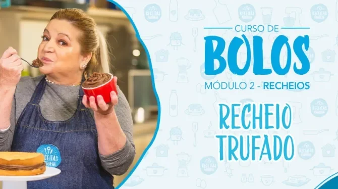 Imagem de uma mulher de avental jeans azul segurando um pote vermelho com creme marrom e os dizeres do curso ao lado direito
