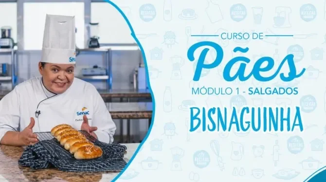 Montagem com a imagem de uma chefe com uniforme branco à esquerda e à direita o título da aula bisnaguinha