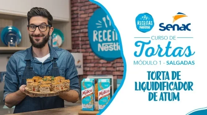 Montagem com a imagem de um chefe com uniforme jeans à esquerda e à direita o título da aula de torta integral de atum