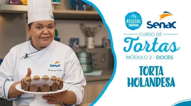 Montagem com a imagem de uma chefe com uniforme branco à esquerda e à direita o título da aula de torta holandesa
