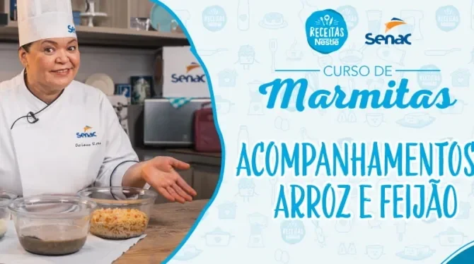Montagem com a imagem de uma chefe com uniforme branco à esquerda e à direita o título da aula.