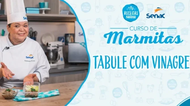 Montagem com a imagem de uma chefe com uniforme branco à esquerda e à direita o título da aula.